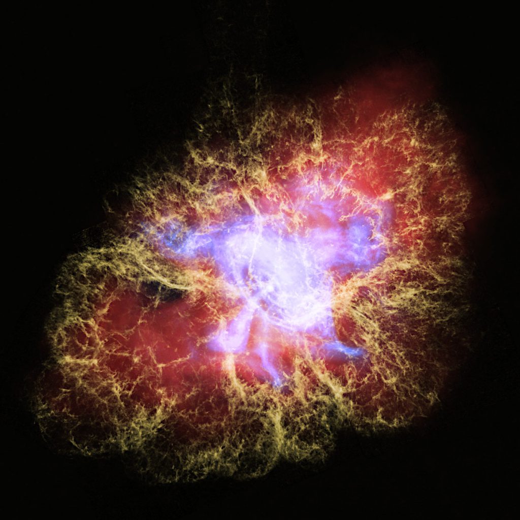 ハッブル、スピッツァー、チャンドラの画像をもとに、超新星残骸「かに星雲」の立体構造が可視化された