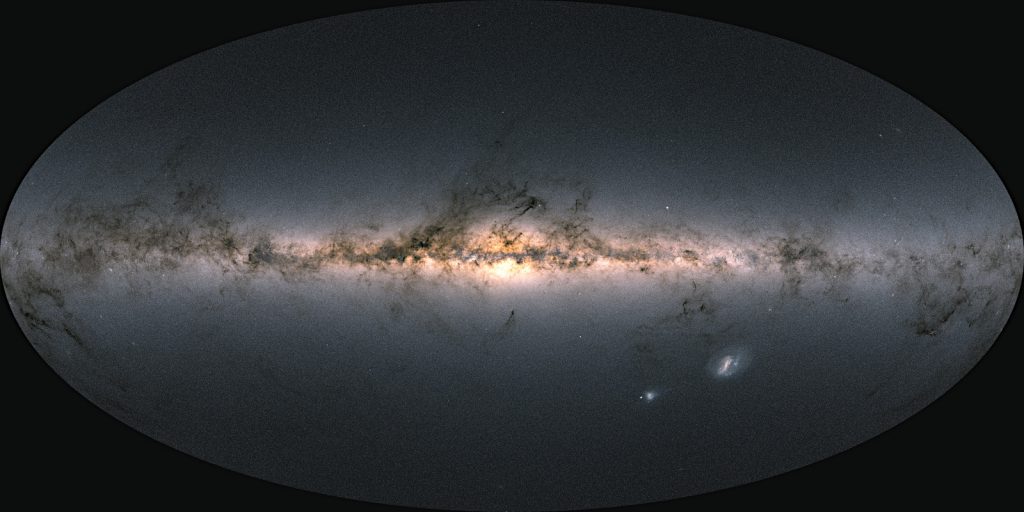 ガイア衛星のデータをもとに作られた全天マップ。全天を横切る天の川が見えています。Image Credit: ESA/Gaia/DPAC; CC BY-SA 3.0 IGO. Acknowledgement: A. Moitinho.