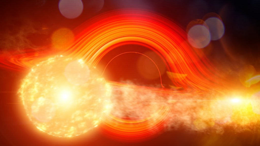 超巨大ブラックホールの潮汐力によってガスが引き裂かれた恒星の想像図。