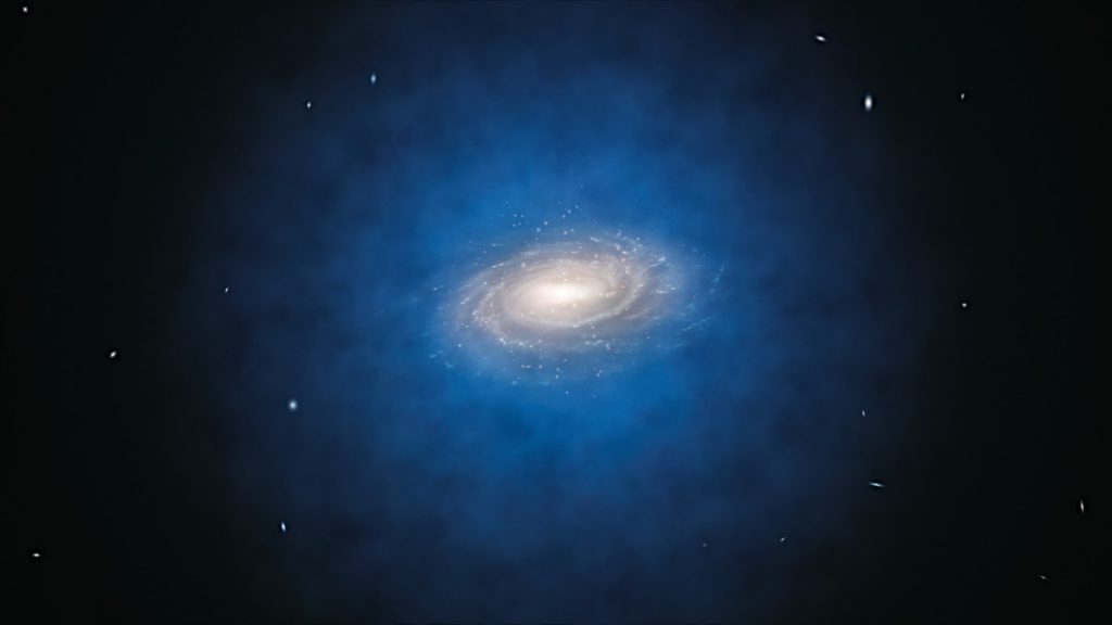 ダークマターハローに取り囲まれた渦巻銀河のイメージ。Image Credit: ESO / L. Calçada