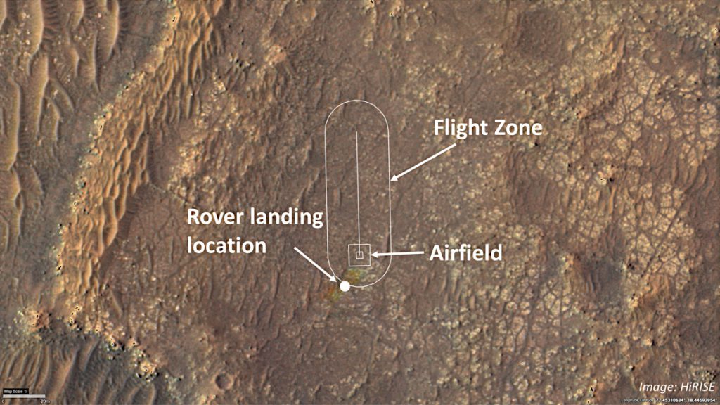 試験飛行が行われる場所を示した画像。マーズ・リコネッサンス・オービターの高解像度カメラの画像に、ローバーの着陸地点、ヘリコプターの「飛行場」、飛行する範囲を加えたものです。Credit: NASA/JPL-Caltech/University of Arizona