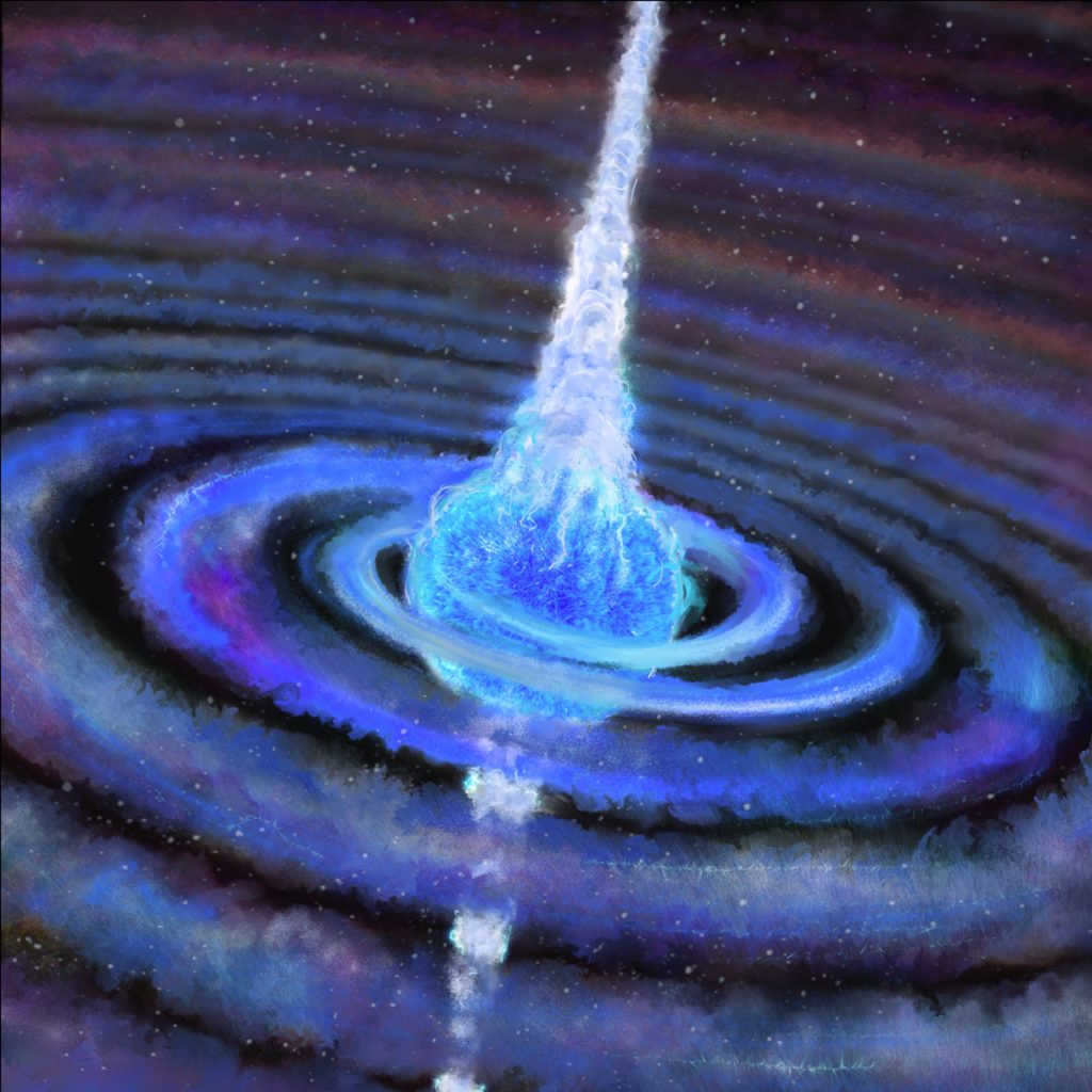 ブラックホールまたは中性子星が伴星の核に到達し、重力崩壊が起きて一対のジェットがほぼ光速で噴き出しました。星の周囲には、先に星から放出されたガスが描かれています。Credit: Chuck Carter