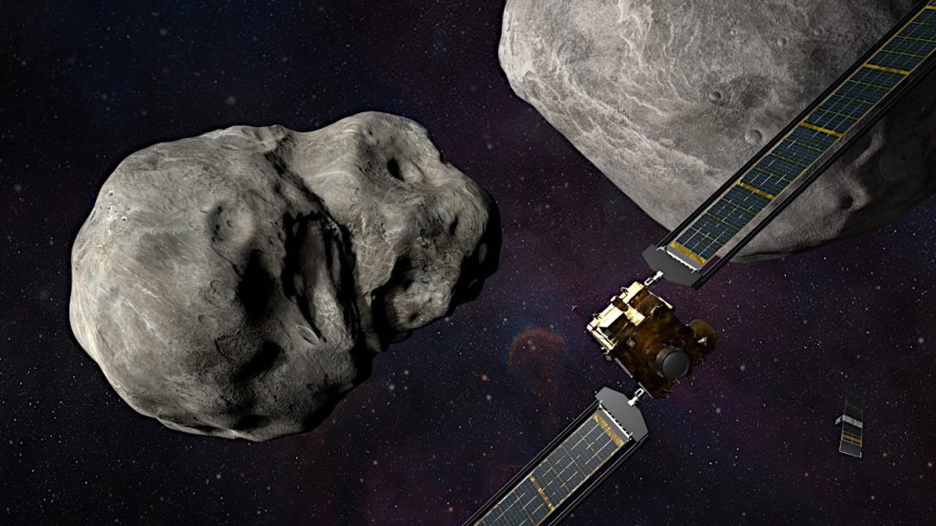 DART探査機と小惑星ディディモス、ディモルフォスの想像図。右下にはキューブサット「LICIACube」が描かれています。Credit: NASA/Johns Hopkins APL/Steve Gribben