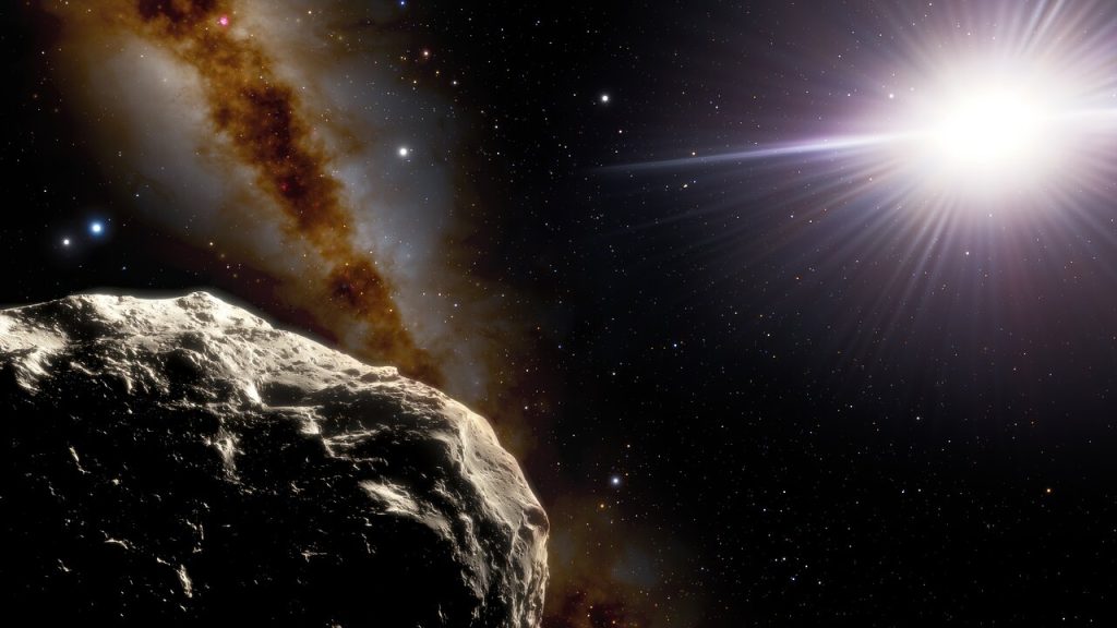 地球のトロヤ群小惑星2020 XL5の想像図（画面左下）。画面右上に太陽、画面左に地球と月が小さく描かれています。Credit: NOIRLab/NSF/AURA/J. da Silva/Spaceengine、Acknowledgment: M. Zamani (NSF’s NOIRLab)