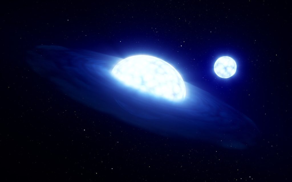 今回の研究を元に描かれたHR 6819連星系の想像図。手前が円盤をもった扁平な「吸血鬼」の星で、奥がガスを剥ぎ取られた星。Credit: ESO/L. Calçada