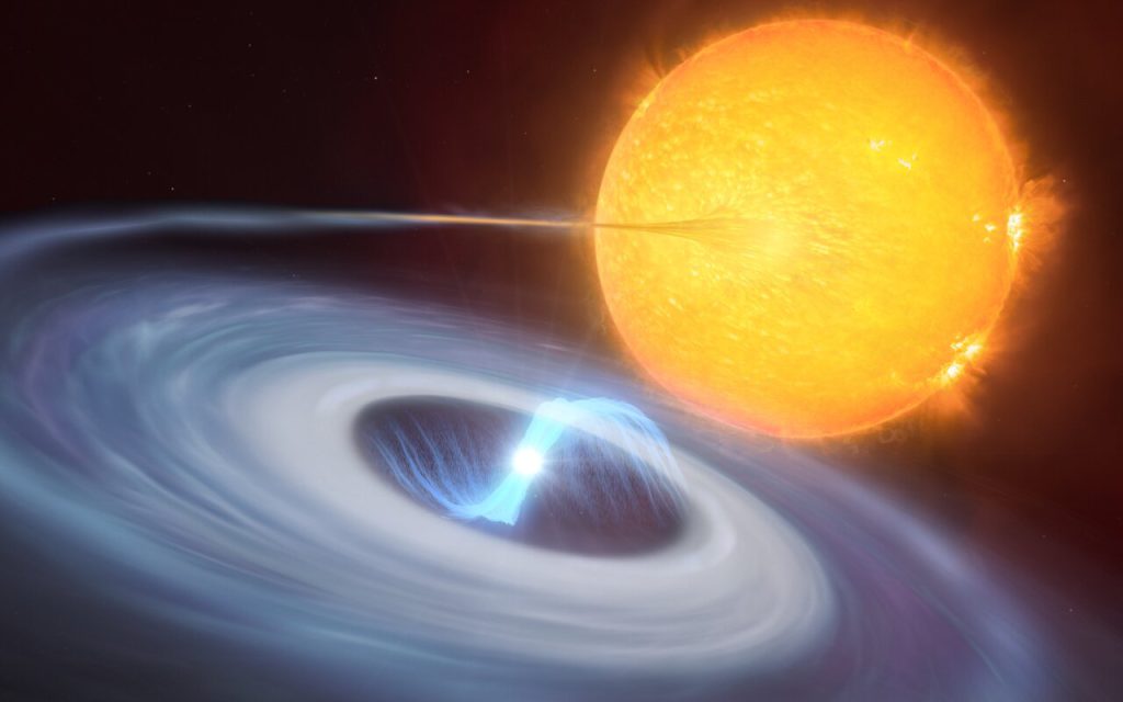 マイクロノバが発生しうる連星系の想像図。手前の白色矮星の周囲には、伴星から流れ込んだガスが円盤を作っています。白色矮星の強力な磁場によりガスが磁極に向かっています。Image Credit: ESO/M. Kornmesser, L. Calçada