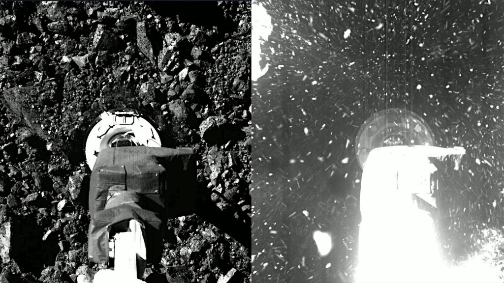 ベンヌ表面に降下中（左）と、ロボットアームが接地した瞬間（右）の画像。オシリス・レックスは2020年10月20日にサンプル採取を行いました。