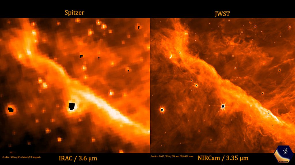 Credits for NIRCam image : NASA, ESA, CSA, PDRs4All ERS Team; image processing Olivier Berné.
Credit for the Spitzer image: NASA/JPL-Caltech/T. Megeath (University of Toledo, Ohio)
