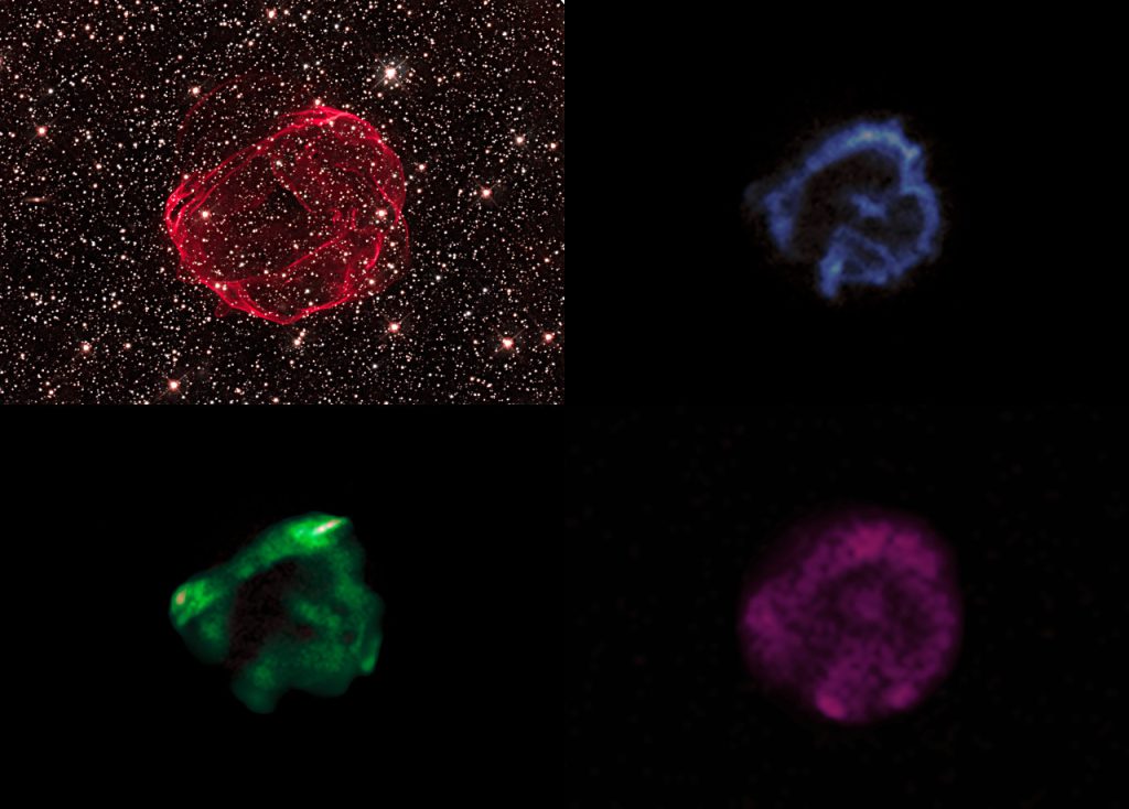 左上はハッブル宇宙望遠鏡の可視光、その他はチャンドラX線望遠鏡のX線の画像です。左下は低エネルギー、右上は中エネルギー、右下は高エネルギーのX線。