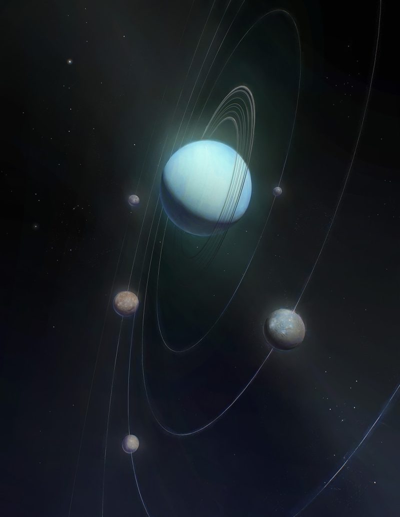 天王星と5大衛星の想像図。内側からミランダ、アリエル、ウンブリエル、チタニア、オベロン。Credit: NASA/Johns Hopkins APL/Mike Yakovlev