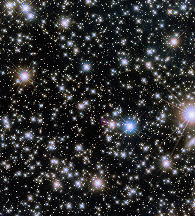 ハッブル宇宙望遠鏡が、GRB 221009Aの赤外線残光（赤い円）をとらえた画像。2022年11月8日と12月4日に撮影された画像を合成したもの。Credit: NASA, ESA, CSA, STScI, A. Levan (Radboud University); Image Processing: Gladys Kober
