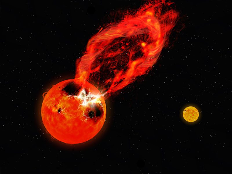 オリオン座V1355星で発生したフーパーフレアと、それに伴うプロミネンス噴出の想像図。太陽以外の恒星でフレアに伴うプロミネンス噴出が観測されたことはありましたが、恒星の重力を振り切って宇宙空間へ飛び出すほど大きかった例はほぼありませんでした。オリオン座V1355星は、近接連星系をなす「りょうけん座RS型変光星」です。Image Credit: 国立天文台