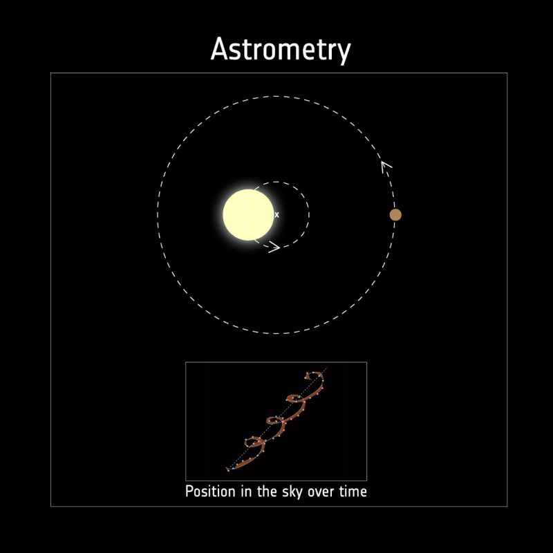 恒星と惑星は、両者の共通重心のまわりを回っています（上の図）。惑星が存在していると、天球上の恒星の位置がふらつきます（下の図）。Image Credit: ESA, CC BY-SA 3.0 IGO