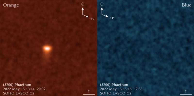 SOHOでファエトンをとらえた画像。左のオレンジフィルタの画像にはファエトンが尾を伴って映っています。右のブルーフィルタの画像にはファエトンは見えていません。Image Credit: ESA/NASA/Qicheng Zhang