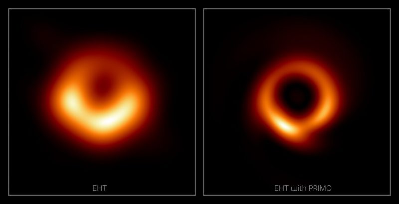 EHTによる楕円銀河M87の観測は2017年に行われ、2019年に画像が公表されました。左は2019年にEHTコラボレーションが発表した画像。右がPRIMOによって鮮明になった画像。
