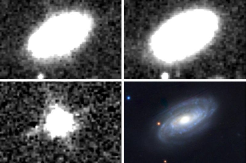 左上はNGC 7392を潮汐破壊現象が起きた2015年に観測した画像。右上はTDE発生以前の2010〜11年にかけて行われた観測によるもの。左下はそれらの差分で、実際に検出されたTDEを示しています。右下は可視光で撮影したもの。研究はマサチューセッツ工科大学（MIT）カブリ天体物理学・宇宙研究所のChristos Panagiotou氏らによるものです。Credits: Courtesy of the researchers