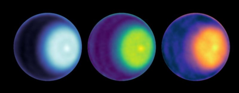 マイクロ波でとらえた天王星のポーラーサイクロン。低気圧は、各画像の右側の明るい点として見えています。左からKバンド、Kaバンド、Qバンドでとらえたもので、それぞれ異なるカラーマップが使用されています。これらの画像の生成に使用された観測は2021年10月に行われました。