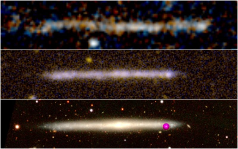 上はハッブル宇宙望遠鏡で観測された細長い光の構造。紫外線で捉えたものです。中央は、地球に対して真横を向いているバルジのない銀河IC 5249の紫外線画像。下は可視光で観測されたIC 5249。3枚の画像の空間スケールは同じです。Image Credit: HST
