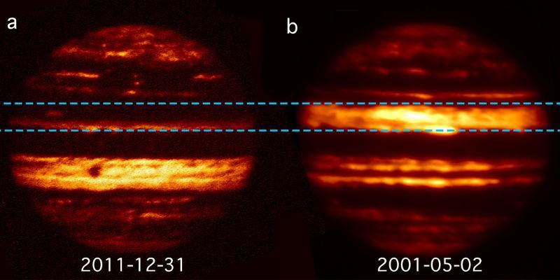 赤外線でとらえられた、木星大気の変動。画像は地上の赤外線望遠鏡から5μmの波長で撮影されたものです。2001年5月（右）と2011年12月（左）とで青の破線の間の領域が変化しているのがわかります。研究は、神戸大学大学院の堀久美子氏、イギリス、リーズ大学のChris Jones氏、レスター大学のLeigh N. Fletcher氏らの研究チームによるものです。Image Credit: Arrate Antuñano/NASA/IRTF/NSFCam/SpeX