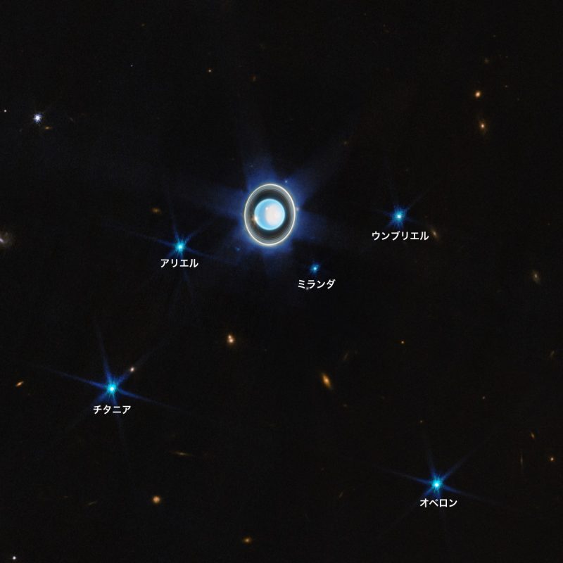 ジェイムズ・ウェッブ宇宙望遠鏡がとらえた天王星と5大衛星。Image Credit: NASA, ESA, CSA, STScI, J. DePasquale (STScI)