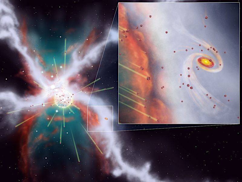 今回の研究の概念図。形成されつつある太陽系は、分子雲フィラメントが緩衝材の役割をして超新星爆発の衝撃波から守られています。Image Credit: 国立天文台