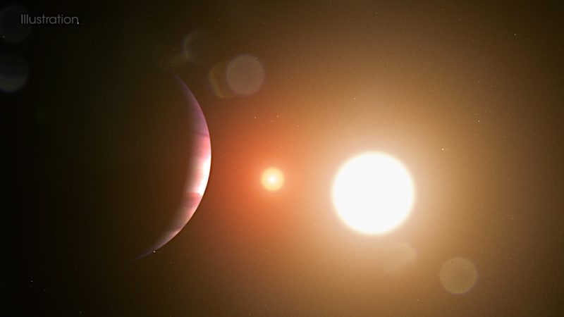 連星系を周回する惑星（左）の想像図。Image Credit: NASA's Goddard Space Flight Center/Chris Smith (USRA)