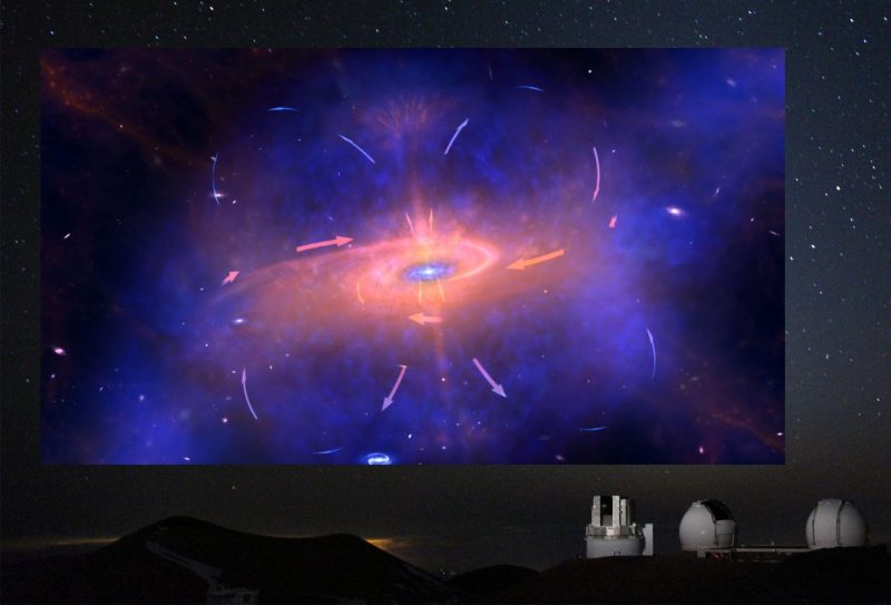 星の残骸を再利用しながら成長を続ける巨大銀河のイメージ図。超新星爆発やブラックホールの活動によって銀河の外へ放出された残骸が銀河内部に還流することで、はげしい星形成が維持され、銀河が成長していきます。画像右下に見ているのは、すばる望遠鏡とケック望遠鏡。清華大学、早稲田大学、マックス・プランク宇宙物理学研究所を中心とする国際研究チームによる研究です。Image Credit: 精華大学/NAOJ