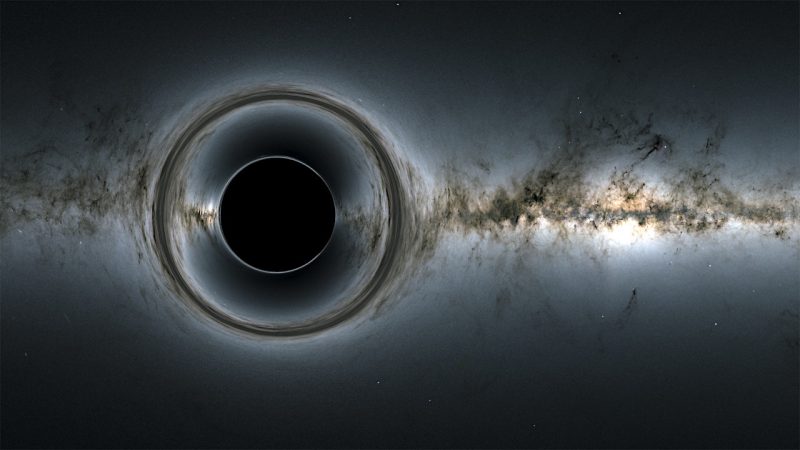 ブラックホールのシミュレーション画像。今回の研究は、ラドバウド大学のMichael Wondrak氏、Walter van Suijlekom氏、Heino Falcke氏によるものです。Image Credit: NASA’s Goddard Space Flight Center; background, ESA/Gaia/DPAC