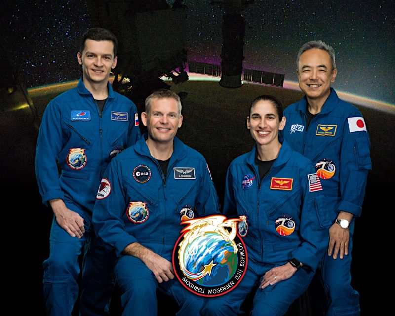 クルー7の4人の宇宙飛行士。左からボリソフ飛行士、モーゲンセン飛行士、モグベリ飛行士、古川飛行士。Image Credit: NASA/Bill Stafford and Robert Markowitz