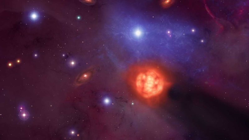 若い星形成領域を通過するAGB星の想像図。今回の研究は、イギリス、シェフィールド大学やインペリアル・カレッジ・ロンドンの研究チームによるものです。Image Credit: Mark Garlick