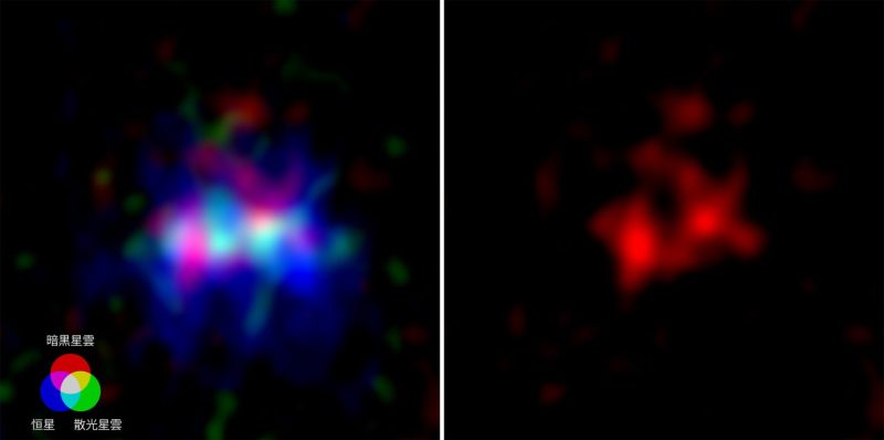 132億年前の銀河MACS0416_Y1の画像。左はアルマ望遠鏡がとらえた塵（暗黒星雲）と酸素（輝線星雲）、ハッブル宇宙望遠鏡がとらえた星々の画像を重ねたものです（Credit: ALMA (ESO/NAOJ/NRAO), Y. Tamura et al., NASA/ESA Hubble Space Telescope）。右はアルマ望遠鏡がとらえた塵（暗黒星雲）のみの画像。中央に楕円形の空洞「スーパーバブル」が暗く見えています（Credit: ALMA (ESO/NAOJ/NRAO), Y. Tamura et al.）。