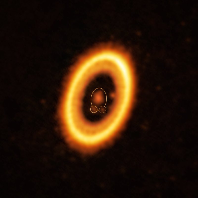 アルマ望遠鏡で撮影された若い惑星系PDS 70。PDS 70bは、リング状の円盤の内側に存在しています。恒星を取り囲む実線の楕円はPDS 70bの公転軌道で、実線の小さな円はPDS 70bの位置、点線の円はデブリの雲の位置を示しています。円盤のすぐ内側、3時の方向にもう1つの惑星PDS 70cも映っています。Image Credit: ALMA (ESO/NAOJ/NRAO) /Balsalobre-Ruza et al.