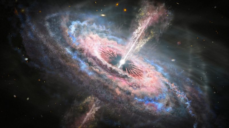 中心にクエーサーが存在する銀河の想像図。クエーサーの正体は超大質量ブラックホールで、物質が落ち込むときに親銀河を凌駕するほど明るく輝きます。今回の研究は、オーストラリア、シドニー大学のGeraint Lewis教授と、ニュージーランド、オークランド大学のBrendon Brewer博士の共同研究です。宇宙年齢の約半分の頃までは、超新星を「時計」として使い、過去の宇宙の時間が遅れて見えることがわかっていたとのこと。ただ初期宇宙では、超新星を観察するのは困難でした。なお、あくまで現在の私たちから見ると時間が遅れて見えるだけで、仮に私たちが当時の宇宙にいるとしたら1秒は1秒として感じるとのことです。