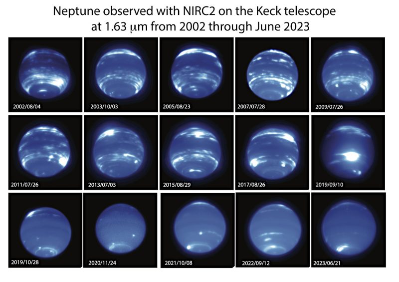 この画像は2002年8月から2023年6月までの間にケック望遠鏡で観測された海王星。赤外線カメラNIRC2を使い1.63μmの波長で撮影されたものです。2019年以降、雲がほとんど存在していないようにみえます。Image Credit: Imke de Pater, Erandi Chavez, Erin Redwing (UC Berkeley), and the Keck Observatory.
