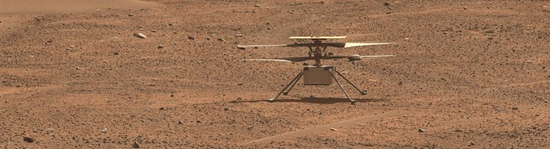 2023年8月2日に、探査車パーサヴィアランスから撮影されたインジェニュイティ。53回目の飛行から約1週間半後、54回目の飛行の前日に撮影されました。Image Credit: NASA/JPL-Caltech/ASU/MSSS
