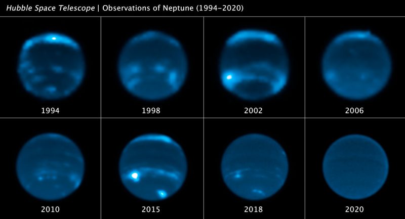 一連の画像に映っているのは、ハッブル宇宙望遠鏡が撮影した海王星で、雲の量の増減を示しています。Image Credit: NASA, ESA, Erandi Chavez (UC Berkeley), Imke de Pater (UC Berkeley)