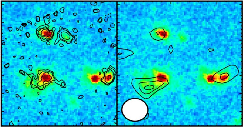 背景のカラー画像は、ウェッブ望遠鏡で観測された原始銀河団のコア領域の光の強度のマップ。光が強いところに銀河候補が存在することを示しています。左の枠の等高線はウェッブ望遠鏡がとらえた電離酸素の放つ光の分布。右の枠の等高線はアルマ望遠鏡がとらえた塵が放つ電波の分布。Credit: JWST (NASA, ESA, CSA), ALMA (ESO/NOAJ/NRAO), T. Hashimoto et al.