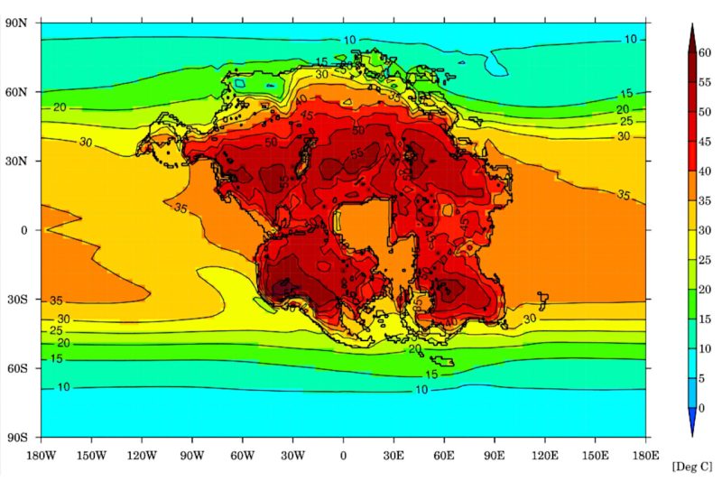 2億5000万年後に出現する超大陸パンゲア・ウルティマの地図に、最も温かい月の平均気温分布を重ねた図