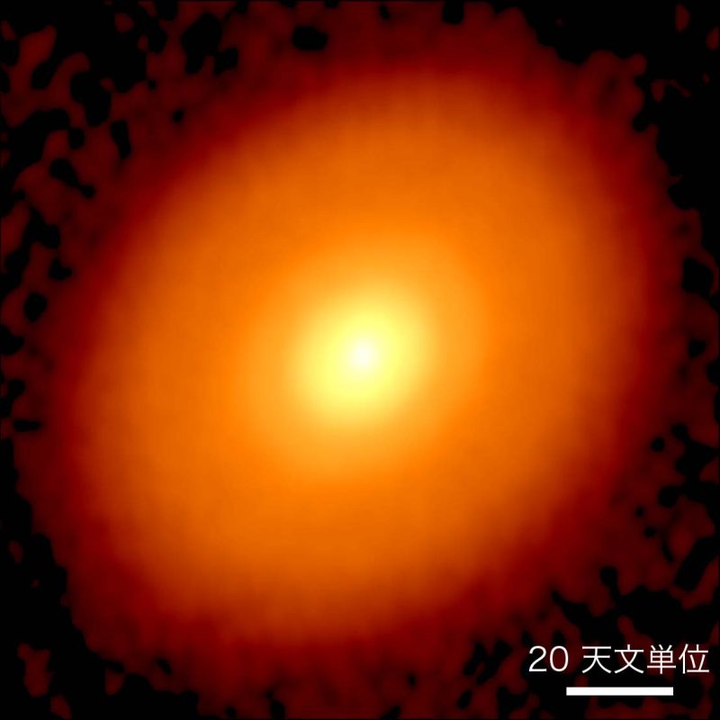 アルマ望遠鏡で観測した、おうし座DG星を取り巻く原始惑星系円盤。のっぺりとしてリング状の模様などはみられません。Credit: ALMA (ESO/NAOJ/NRAO), S. Ohashi et al.