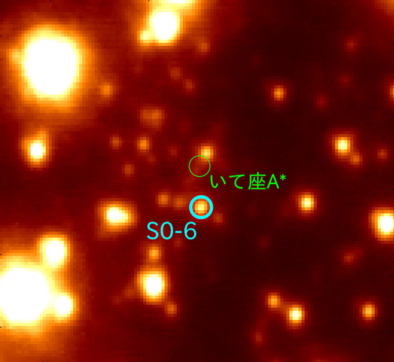 すばる望遠鏡で撮影した天の川銀河の中心領域（約3秒角四方）。S0-6は、超巨大ブラックホール「いて座A＊」から約0.3秒角離れた位置にあります。Image Credit: 宮城教育大学/国立天文台
