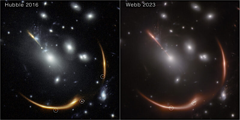 Image Credit: Hubble image: NASA, ESA, STScI, Steve A. Rodney (University of South Carolina) and Gabriel Brammer (Cosmic Dawn Center/Niels Bohr Institute/University of Copenhagen).; JWST image: NASA, ESA, CSA, STScI, Justin Pierel (STScI) and Andrew Newman (Carnegie Institution for Science).
