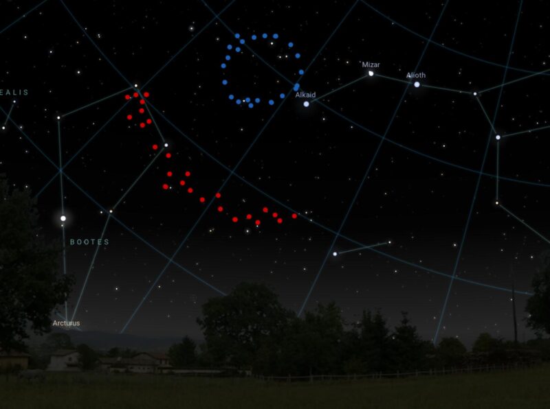 「ビッグリング」（青）と「ジャイアントアーク」（赤）の位置を示した図（Background image credit: Stellarium）。「ビッグリング」の発見は、セントラル・ランカシャー大学のAlexia Lopez氏が、2024年1月10日にアメリカ天文学会第243回会合で発表したものです。Lopez氏によれば、ビッグリングは実際にはコークスクリュー（コルクの栓抜き）のようならせん状の形状をしており、地球から見たときにちょうどリングのように見えているとのことです。