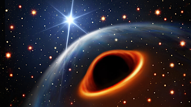 今回発見された天体がブラックホールと仮定した場合の想像図。明るく輝く星は電波パルサーPSR J0514-4002E。2つの星は800万km離れており、7日間で互いを周回しています。Image Credit: Daniëlle Futselaar (artsource.nl)