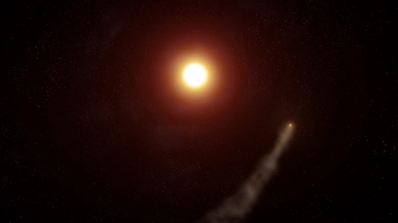 ヘリウムの尾を形成するWASP-69bの想像図。今回の研究は、カリフォルニア大学ロサンゼルス校（UCLA）の博士課程の学生Dakotah Tyler氏らによるものです。Image Credit: W. M. Keck Observatory/Adam Makarenko