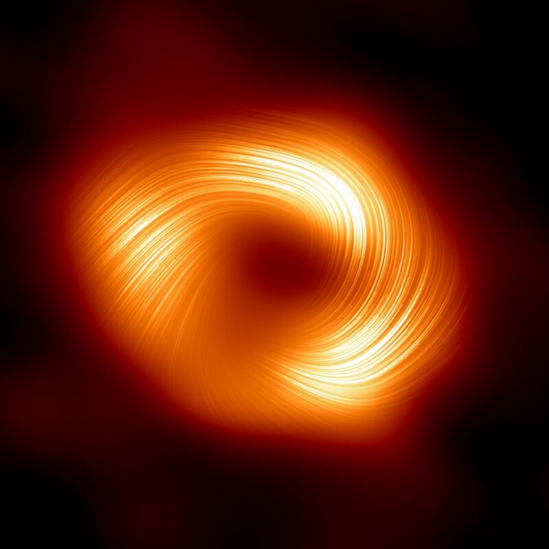 天の川銀河の中心にある超巨大ブラックホールの周囲の偏光を示した画像。線は偏光の方向を示しており、ブラックホール周辺の磁場に関係しています。Image Credit: EHT Collaboration