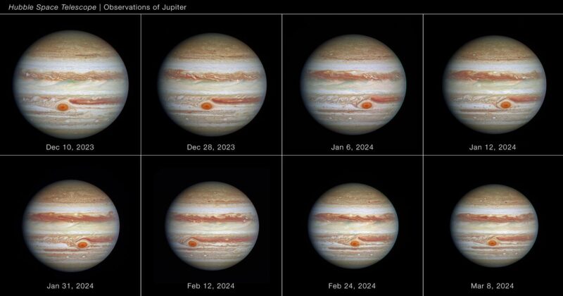 2023年12月から2024年3月までの間にハッブル宇宙望遠鏡が撮影した木星の全体像。