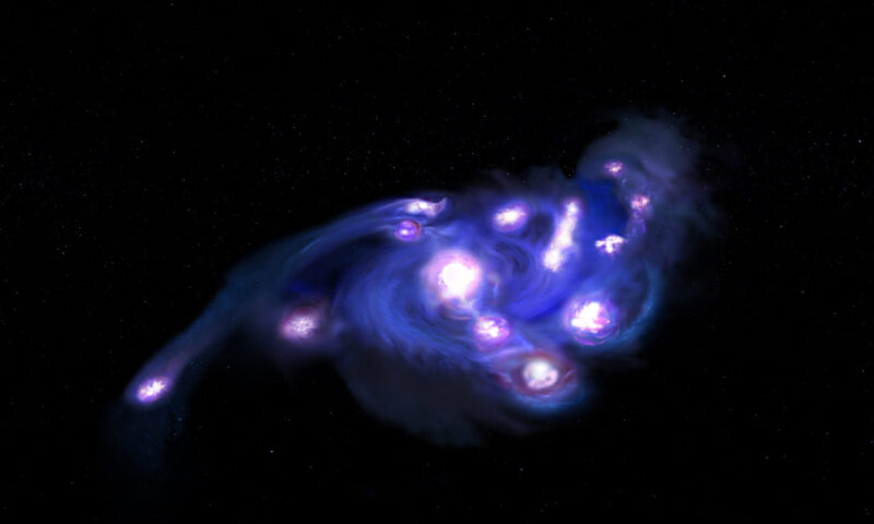 今回の研究をもとに描かれた、ブドウの房のような構造を持つ宇宙初期の銀河の想像図。Image Credit: NSF/AUI/NSF NRAO/B.Saxton