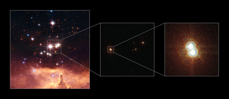 ピスミス24-1は左の画像では1つの星に見えるが、右の画像では2つの星に分離してとらえられている。